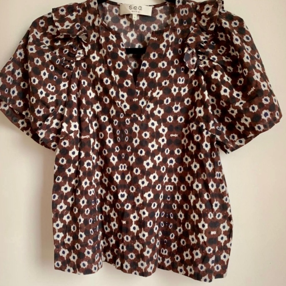 SEA New York Brown Print Blouse Top